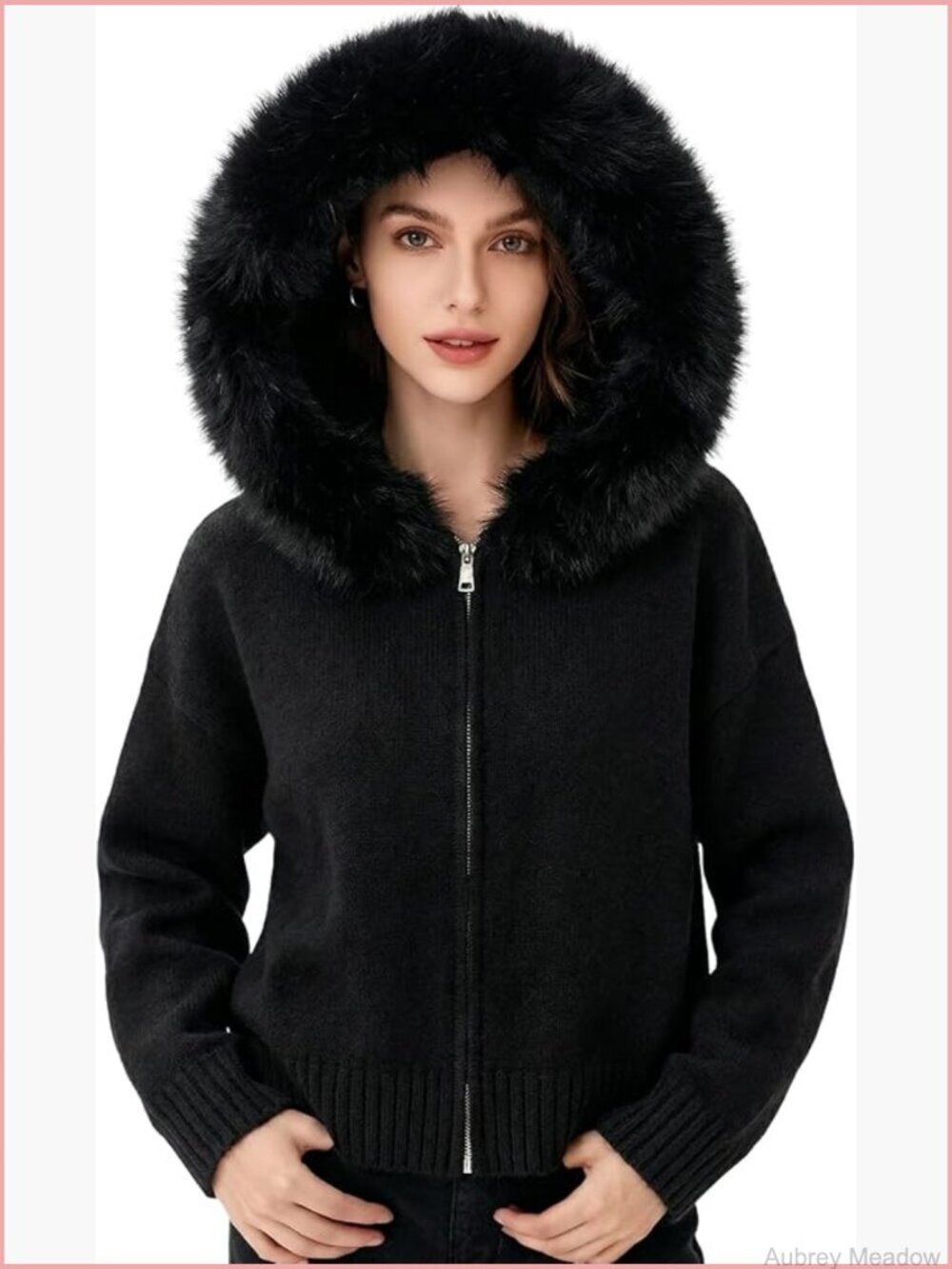 Faux Fur Hooded Chunky Knit Cardigan Open Front Zip Up Long Sleeve